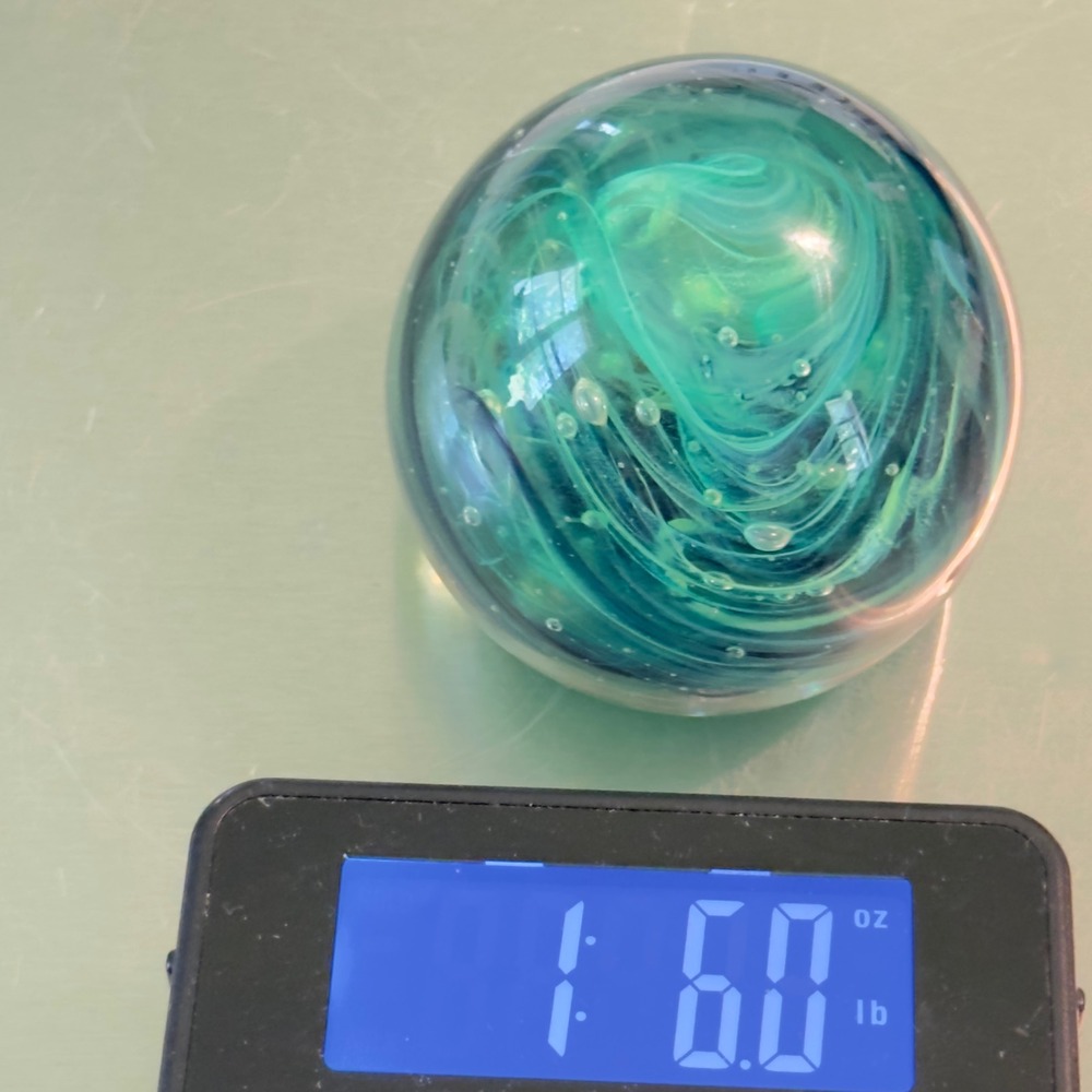 Round Art Glass Paperweight Green Teal Swirl Controlled Bubble Egg Orb 3" Decor - Picture 11 of 13